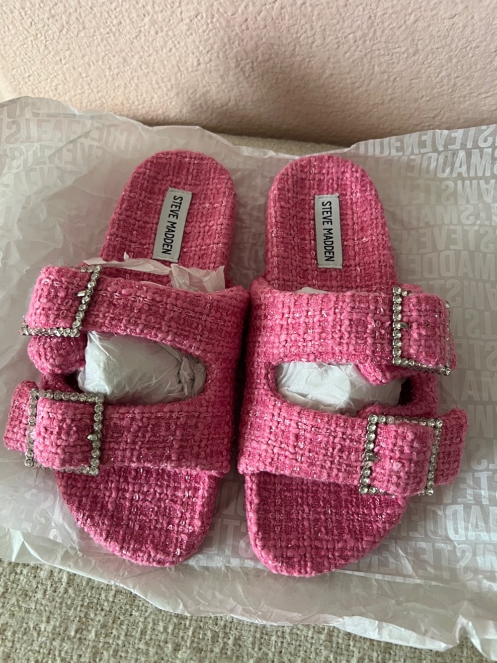 Steve Madden - Pink Tweed Sandstorm Sandals